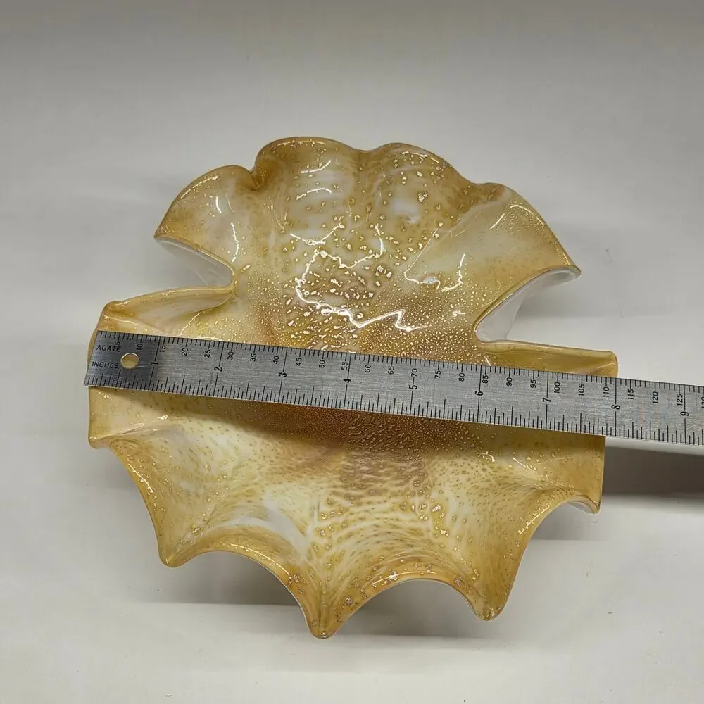 Vintage Murano Gold Aventurine Art Glass Ruffled Bowl Italy